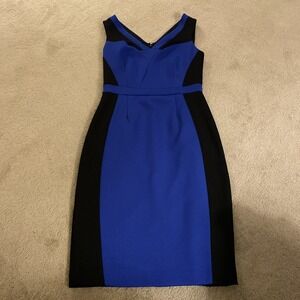 ADRIANNA PAPELL COBALT BLUE/BLACK COLORBLOCK KNIT SHEATH DRESS LINED SIZE